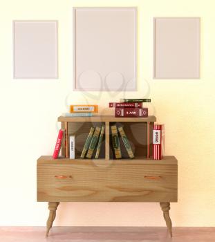 Mock up interior reading room. Books on a wooden cabinet retro. 3d rendering