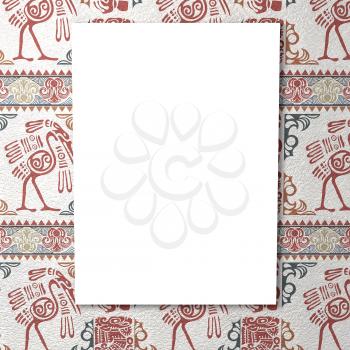 Bright white canvas in bright ethnic background with birds and ornament. Tribal background. 3d rendering.