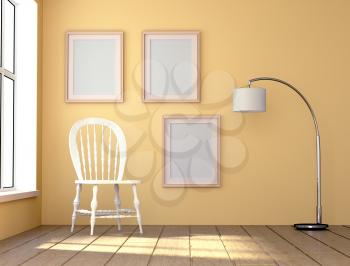 Mock up interior. Room with natural light. White chair and a high floor lamp. 3d rendering.