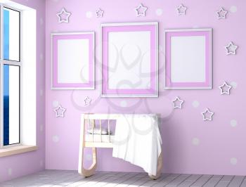 Mock up a child's room interior. Girlish pink room plenty of daylight. Wooden cradle, pillow and blanket. 3d rendering.