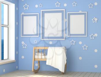 Mock up a child's room interior. Blue Room for a baby boy a lot of daylight. Wooden cradle, pillow and blanket. 3d rendering.