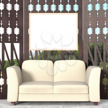 Mock up a modern interior. Wooden deck with white soft sofa, a view of the forest. 3d rendering.
