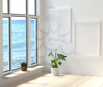 Mock up a modern interior. Room with large windows overlooking the sea. 3d rendering.