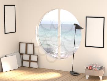 3D illustration of a free artist workshop with empty canvases and frames. Bright room with a large round window on the beach. High-quality rendering