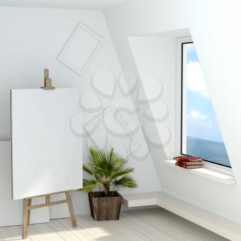 3d illustration of a free artist's studio with a window overlooking the sea. Attic artist with his easel, books of Shakespeare on the windowsill, a blank canvas and white empty frame on the wall. High