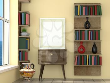 mock up poster layout frame with yellow  wall and books, interior background, 3D 
visualization, 3D illustration