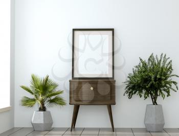 mock up with empty frame and plants in the granite vases. 3D illustration. 3D rendering of an abstract mock up poster