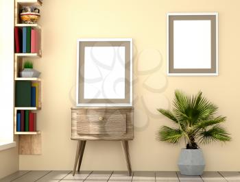 mock up poster layout frame with yellow wall, books and palm interior background, 3D illustration