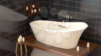 Modern bathroom with ceramic bath with candles. 3D rendering mock up