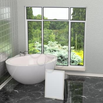 Luxurious white modern bathroom in the bathroom with tiles, marble, large window. Bathroom with a landscape. 3D rendering