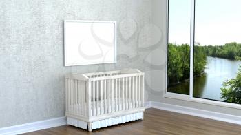Children's room with landscape, river, and cot. 3D rendering