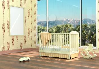 Children's bedroom with baby cot. 3d illustration. Render of a children's room with a bed and a landscape