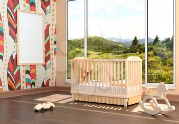 Children's bedroom with baby cot. 3d illustration. Render of a children's room with a bed and a landscape