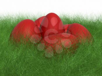 Royalty Free Clipart Image of Bright Red Easter Eggs in Green Grass
