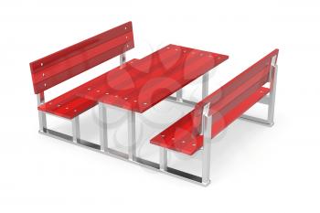 Red garden benches and table
