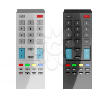 Black and gray remote controls isolated on white background