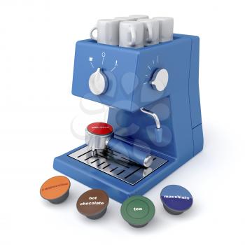 Blue coffee maker with coffee and tea capsules