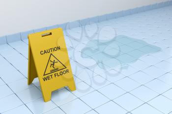 Wet floor sign on tiled floor