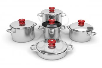Set of stainless steel pots on white background