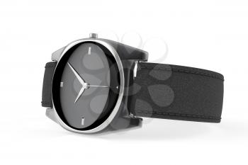 Elegant black wristwatch on white background