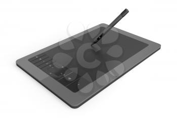 Black graphic tablet with pen on white background