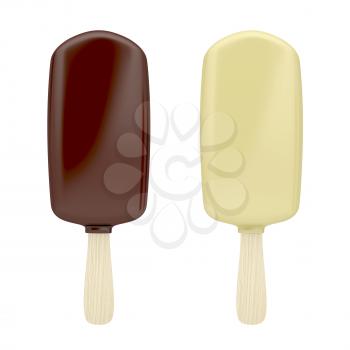 Ice creams covered with white and brown chocolate