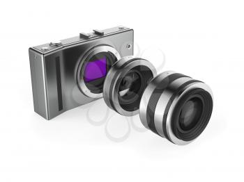 Mirrorless camera with lenses on white background