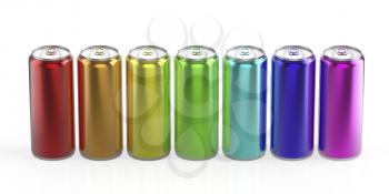 Rainbow colored cans on white shiny background