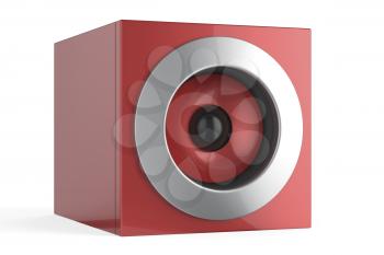 Modern red audio speaker on white background