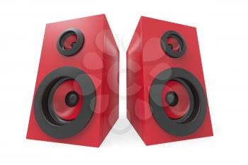 Red stereo speakers on white background