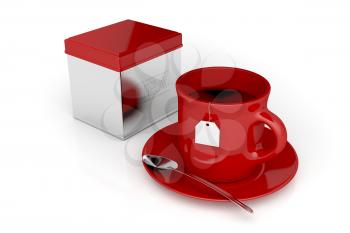 Red tea cup and traditional metal tea box