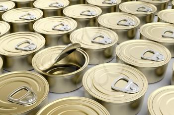 One defective tin can in multiple rows of tin cans