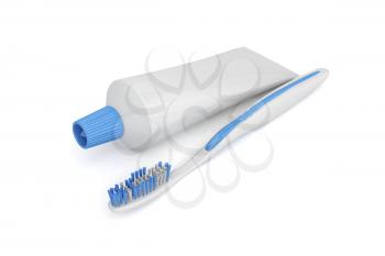 Toothbrush and toothpaste on a white background