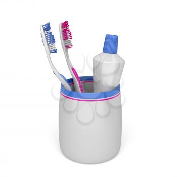 Toothbrushes and toothpaste on white background