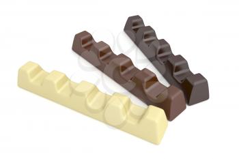 White, milk and dark chocolate bars on white background