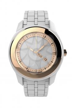 White ceramic wristwatch with pink gold elements, isolated on white