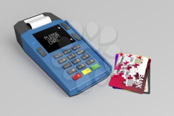 Credit card reader and many credit cards on gray background