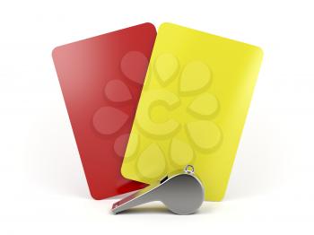 Red and yellow cards and metal whistle
