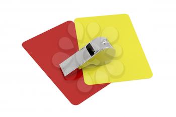 Red and yellow cards and metal whistle on white background 