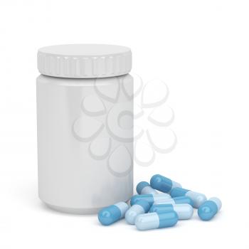Blue capsules and plastic bottle on white background 