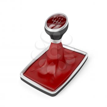 Car gear stick with red leather on white background
