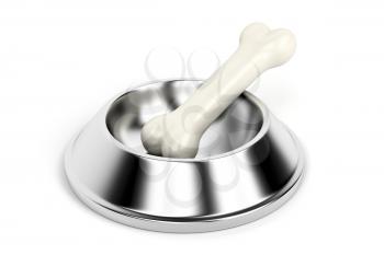 Dog bowl with bone on white background