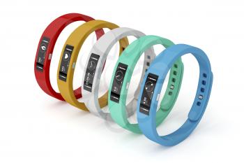 Fitness trackers with different interfaces and colors