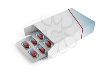 Pills in box on white background