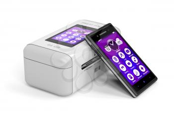 Smartphone with touchscreen and box on white background