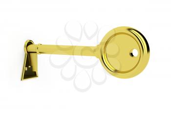 Gold key in keyhole on white background