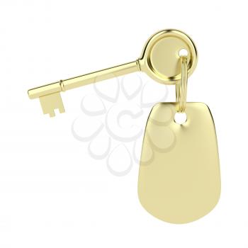 Key and key ring in golden color, isolated on white