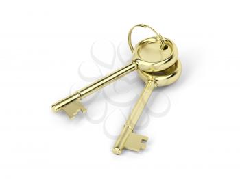 Two gold keys on white background