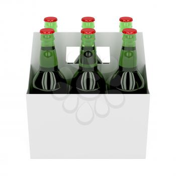 Six pack of beer bottles on white background