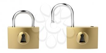 Locked and unlocked padlocks, isolated on white background